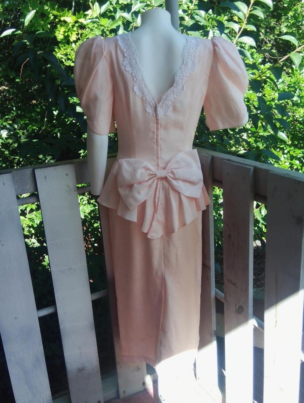 Scott McClintock 80s Coquette Lace Peplum Puff Sleeve Bow Satin Midi Dress - Picture 3 of 8